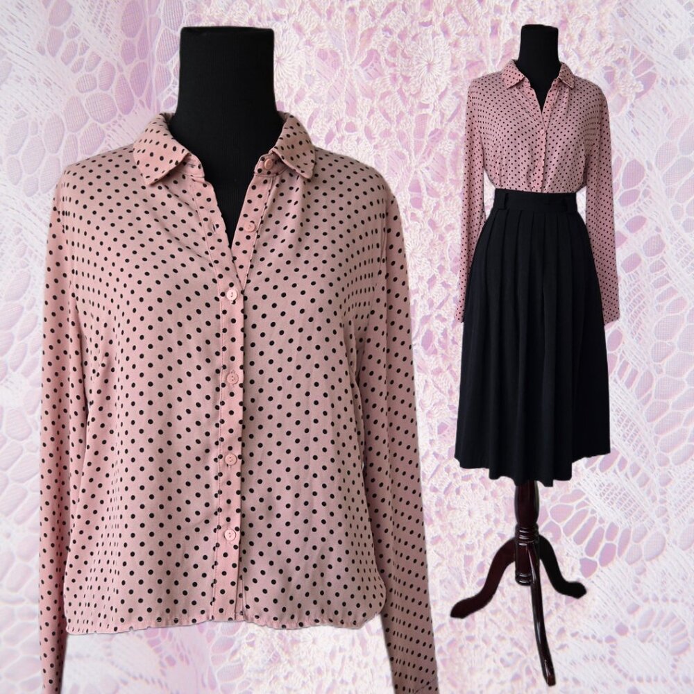 Forever 21 Pink & Black Polka Dot  Long Sleeve Blouse Size Large Preppy Romantic